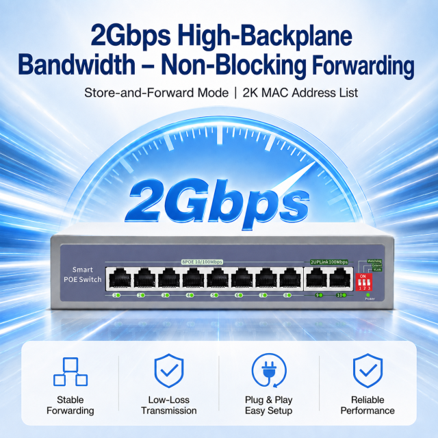 KuWFi AI Function 8+2Port Uplink 250meters Distance 2Gbps VLAN Extend Watchdog 10Port 100Mbps PoE Switch for Cctv Camera