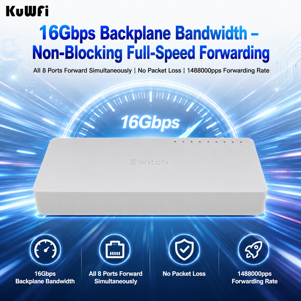 KuWFi 16Gbps Ethernet Full Gigabit Internet LED Display Play and Plug Mini 8 Port 1000Mbps Network Switch for Office