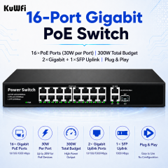 KuWFi 300W Switch 38Gbps Bandwitch SFP Port 16Ports Full Gigabit Plug & Play 1000M POE Switch for Wireless Access Point Solution