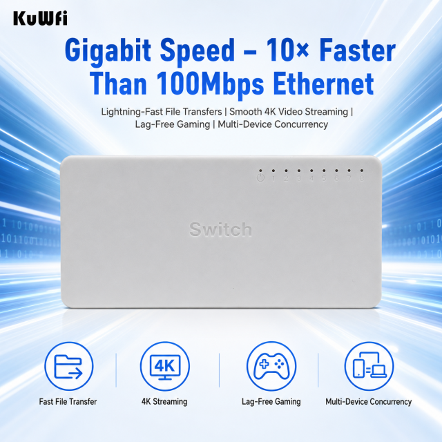 KuWFi 16Gbps Ethernet Full Gigabit Internet LED Display Play and Plug Mini 8 Port 1000Mbps Network Switch for Office