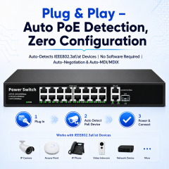 KuWFi 300W Switch 38Gbps Bandwitch SFP Port 16Ports Full Gigabit Plug & Play 1000M POE Switch for Wireless Access Point Solution