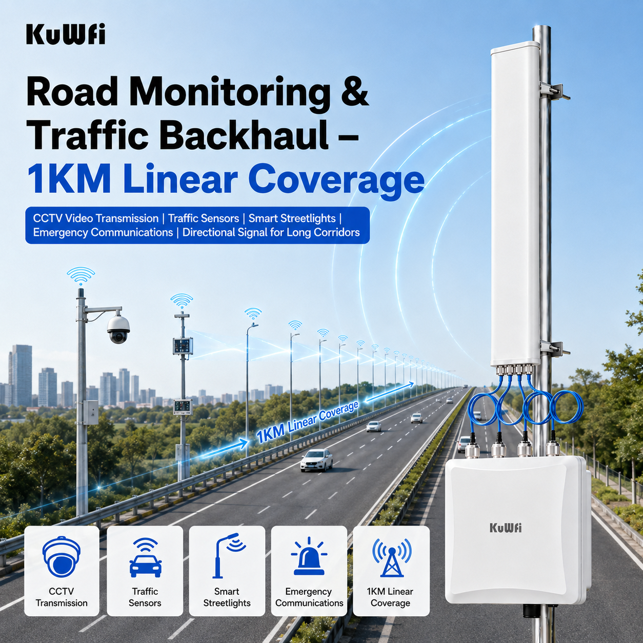 KuWFi Dual Band 150+users Cloud Server 90° 160mHz Long Range 1km IP67 Industrial Outdoor Access Point