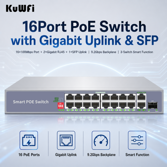 KuWFi VLAN Support 250meter Watchdog Switch Poe Extender 16Port Poe Switch with Gigabit Uplink&SFP Port