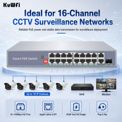 KuWFi VLAN Support 250meter Watchdog Switch Poe Extender 16Port Poe Switch with Gigabit Uplink&SFP Port