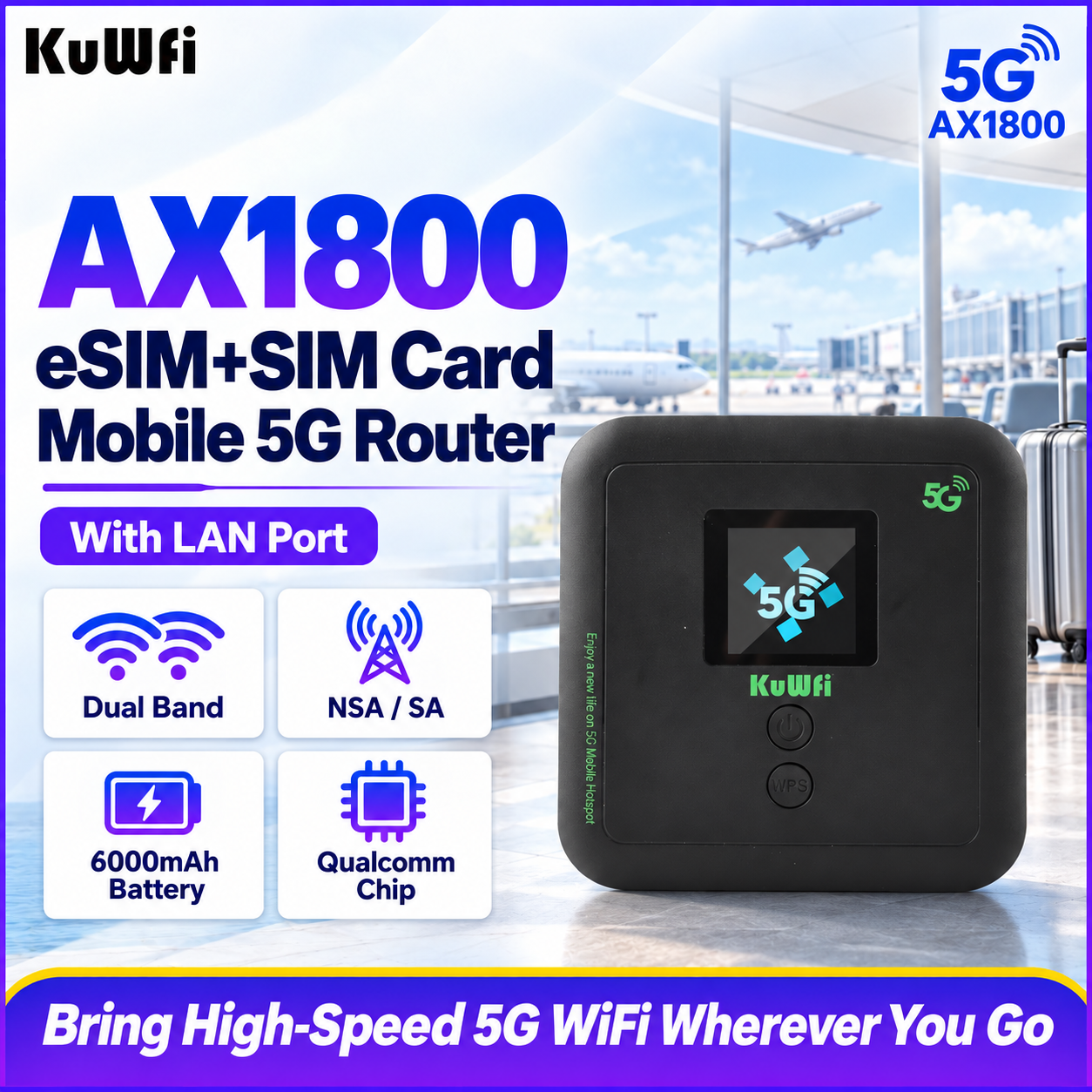 KuWFi Unlocked WiFi6 AX1800 Portable Hotspot 6000mAh Battery LAN Port ESIM 5G WiFi Router for Camping