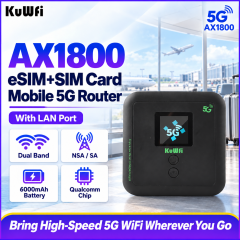 KuWFi Unlocked WiFi6 AX1800 Portable Hotspot 6000mAh Battery LAN Port ESIM 5G WiFi Router for Camping
