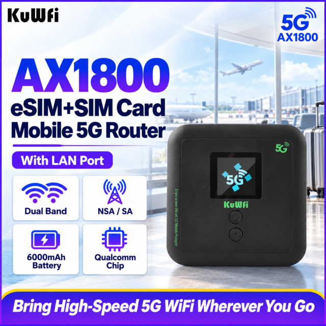 KuWFi Unlocked WiFi6 AX1800 Portable Hotspot 6000mAh Battery LAN Port ESIM 5G WiFi Router for Camping