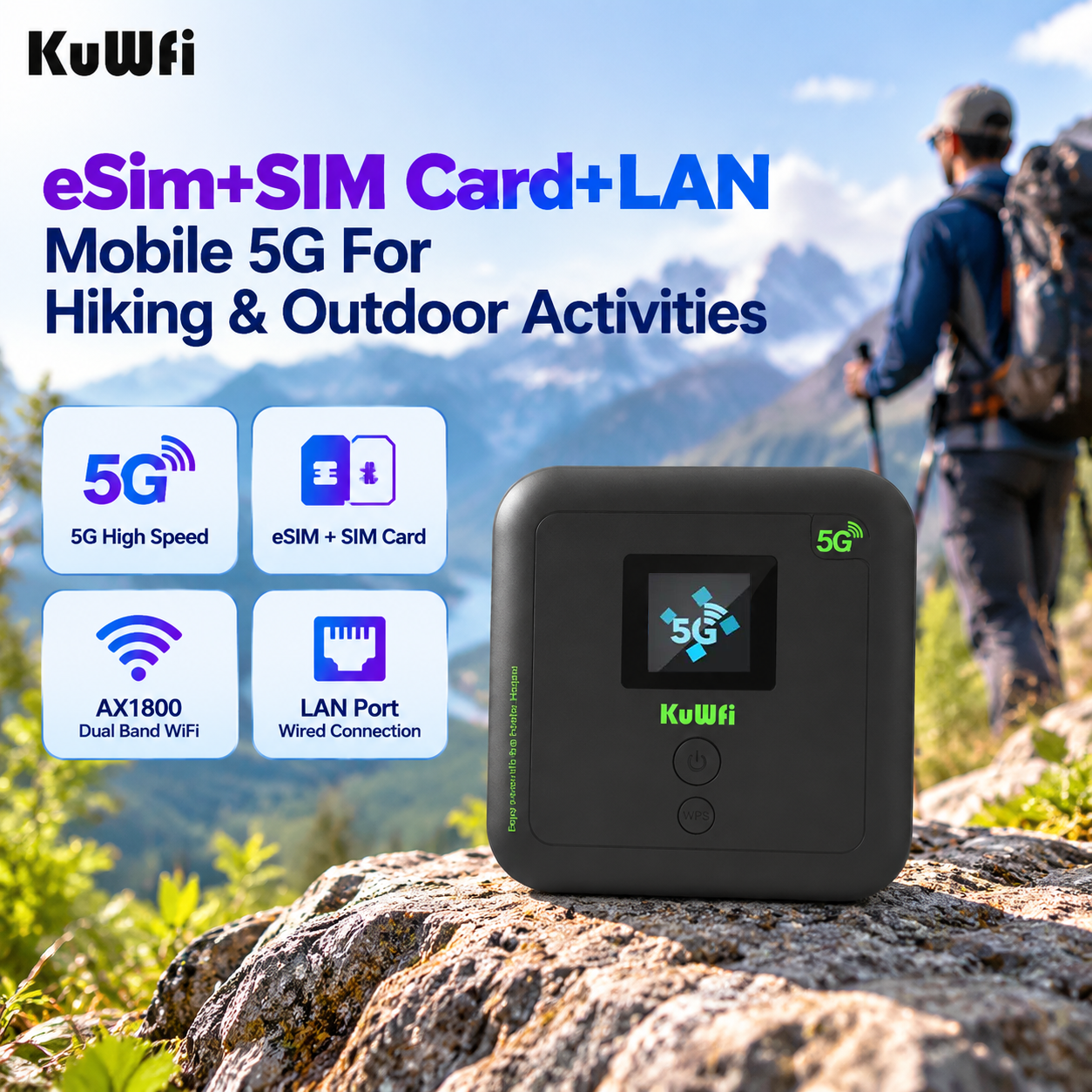 KuWFi Unlocked WiFi6 AX1800 Portable Hotspot 6000mAh Battery LAN Port ESIM 5G WiFi Router for Camping