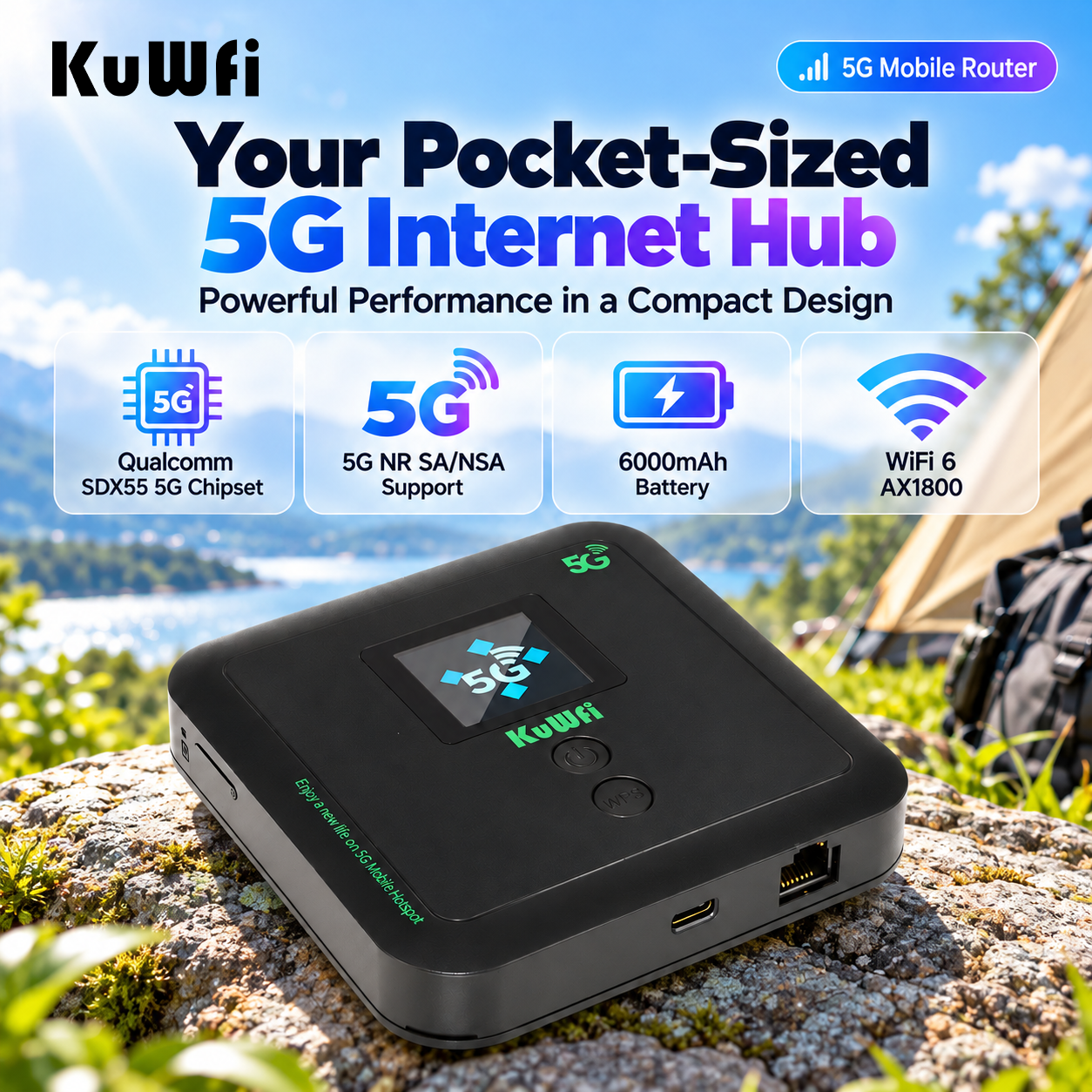 KuWFi Unlocked WiFi6 AX1800 Portable Hotspot 6000mAh Battery LAN Port ESIM 5G WiFi Router for Camping
