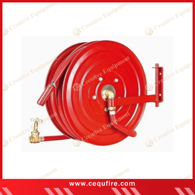 Fire hose reel with plastic nozzle and brass lock shield valve, designed for indoor firefighting in commercial buildings