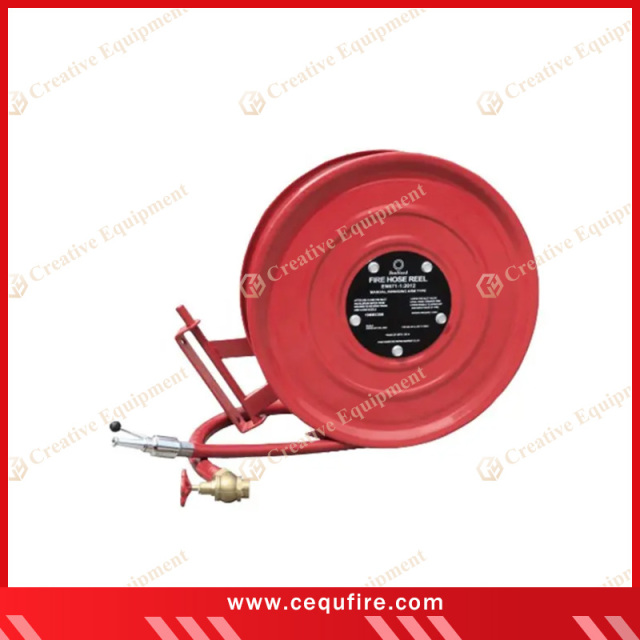 alt="Fire Hose Reel with zinc nozzle and brass angle valve – corrosion-resistant components ensuring precise water flow and durable firefighting performance"