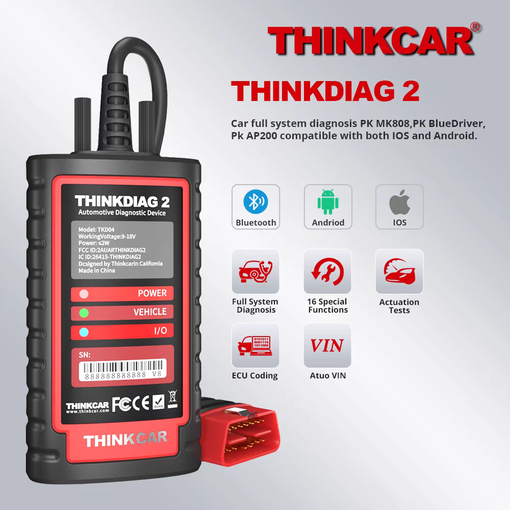 THINKCAR ThinkDiag 2 ALL Software 1 Year Free Update Diagnostic tool Supports CAN FD DoIP, ECU Coding Active Test 16 Reset Function