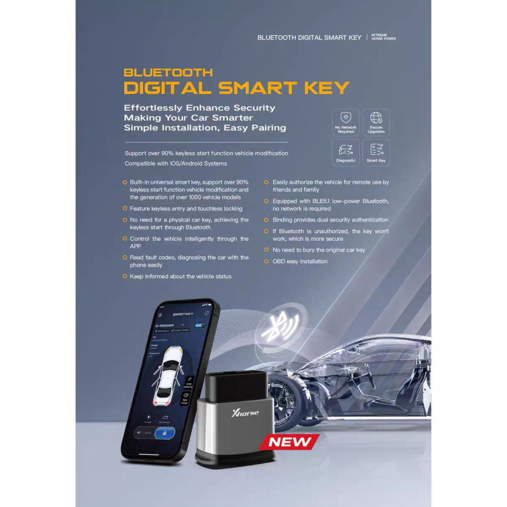 Reusable Xhorse Bluetooth Digital Smart Key XSBTK0EN XM38 Smart Remote Support Over 90% Keyless Start Function Vehicle Modification  Compatible with iOS Android Systems
