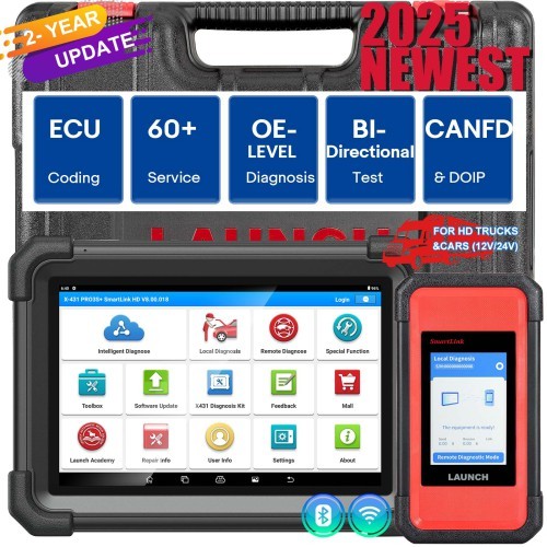 LAUNCH X431 PRO3S+ SmartLink HD for Diesel & Gasoline 12V/24V Bi-Directional Scan Tool Support ECU Coding CANFD DOIP J2534 Programming