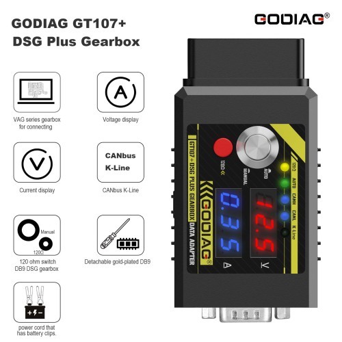 2025 GODIAG GT107+ DSG Plus Gearbox Data Adapter with Voltage Current Display For DQ250 DQ200 VL381 VL300 DQ500 DL501 Benz BMW