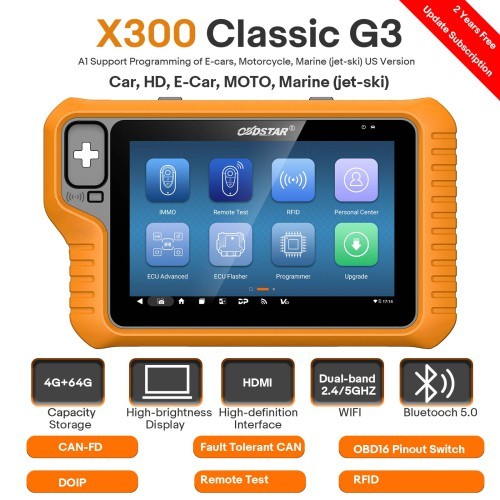 2025 OBDSTAR X300 Classic G3 Key Programmer with Built-in CAN FD DoIP Support Car/ HD/ E-Car/ Motorcycles/ Jet Ski Get Free Key Sim and Motor Adapters