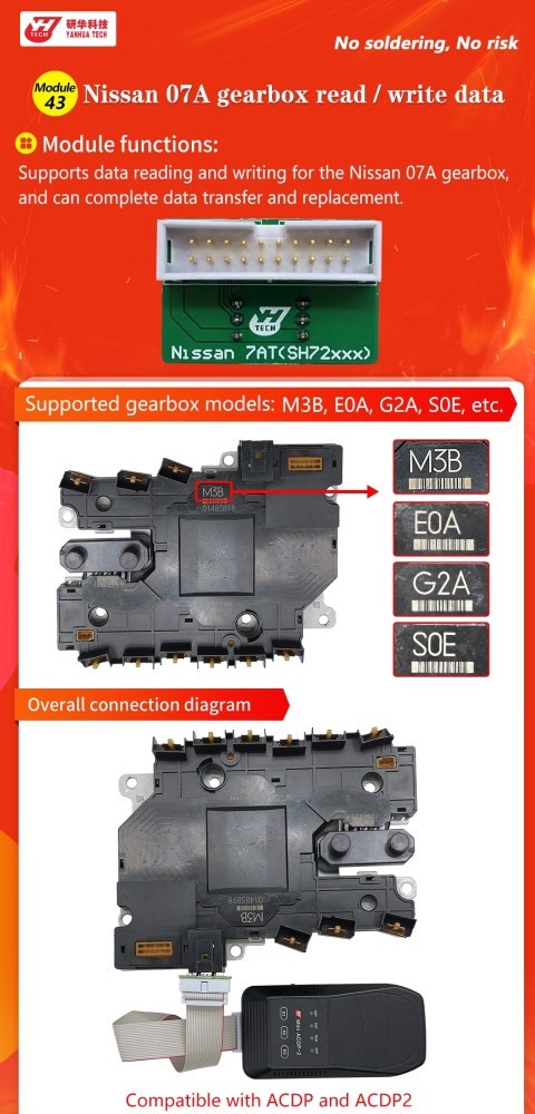 Yanhua ACDP 43 Nissan 07A Gearbox/Transmission Module Support data reading and writing for the Nissan 07A gearbox, and can complete data transfer and replacement.