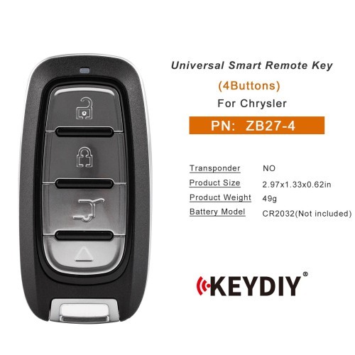 (5PCS/LOT)KEYDIY KD ZB27-4 Universal Smart Remote Key 4 Buttons for Chrysler Type