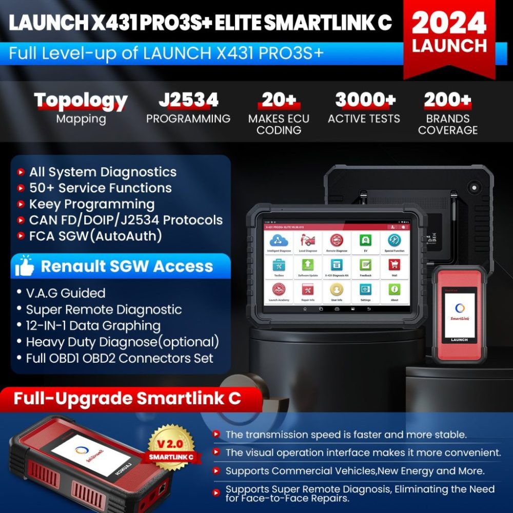Global Version 2 Years Update LAUNCH X431 PRO3S+ Elite with SmartLink 2.0 VCI Supports Topology, J2534 Programming, Active Test, ECU Coding, 50+ Reset Functions