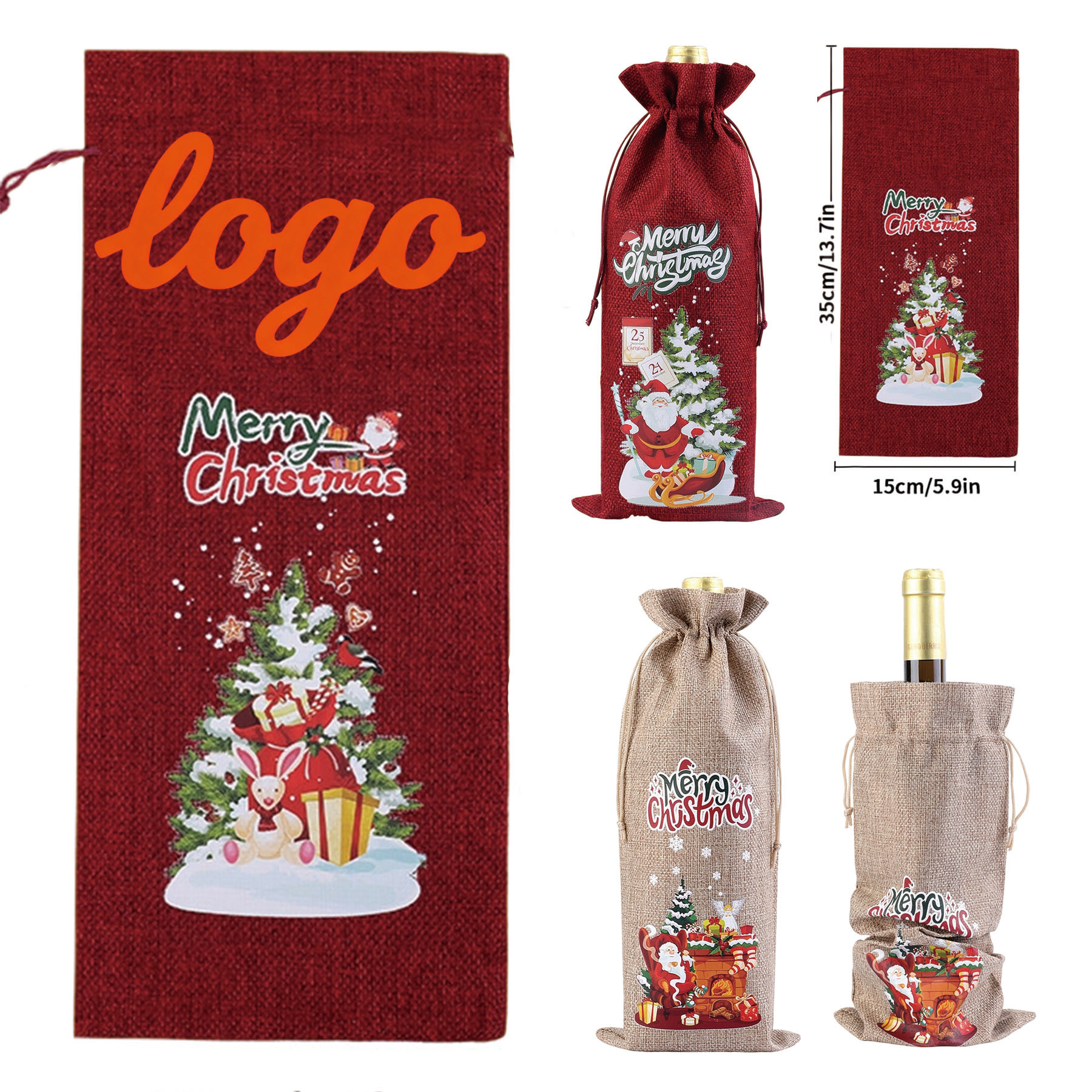 Christmas Drawstring Bottle Bag