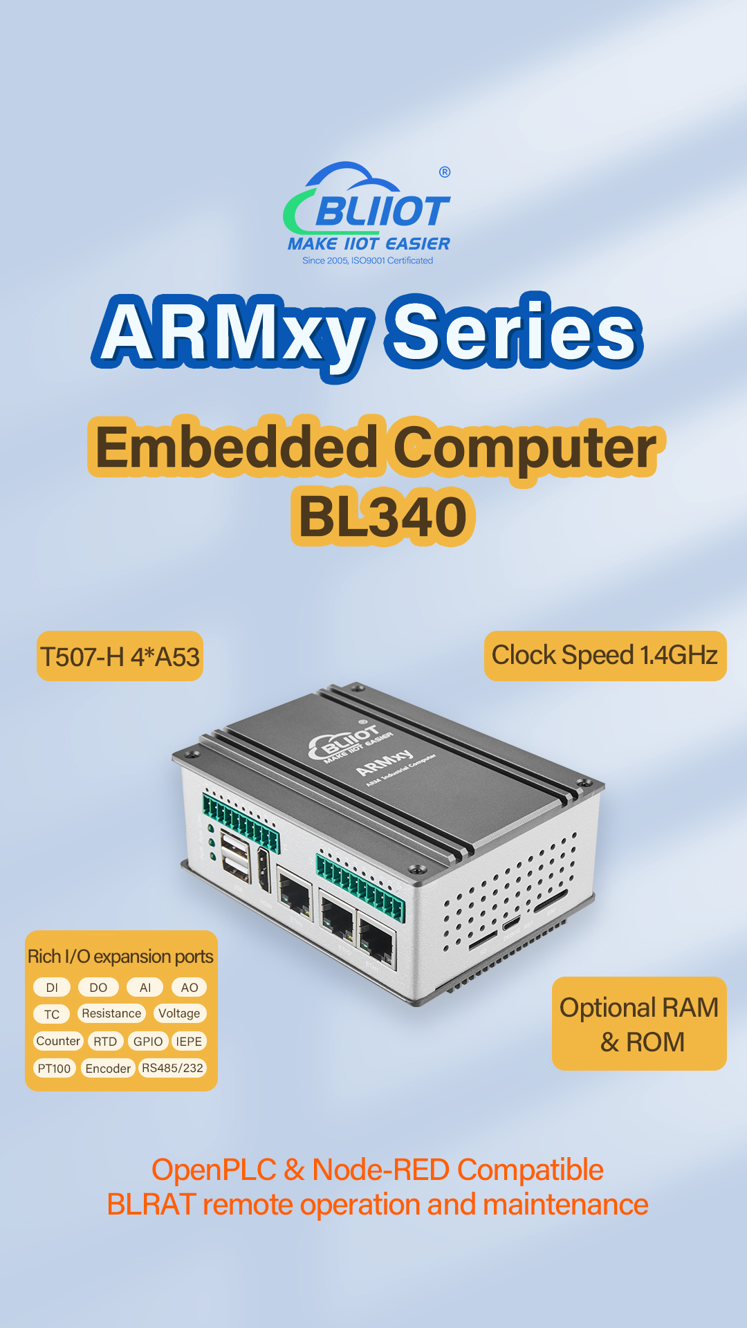 Allwinner T507-H Quad-Core A53 Industrial Embedded ARM Edge Computer,BL340 Quad-Core ARM Cortex-A53 Industrial Edge Computing Gateway