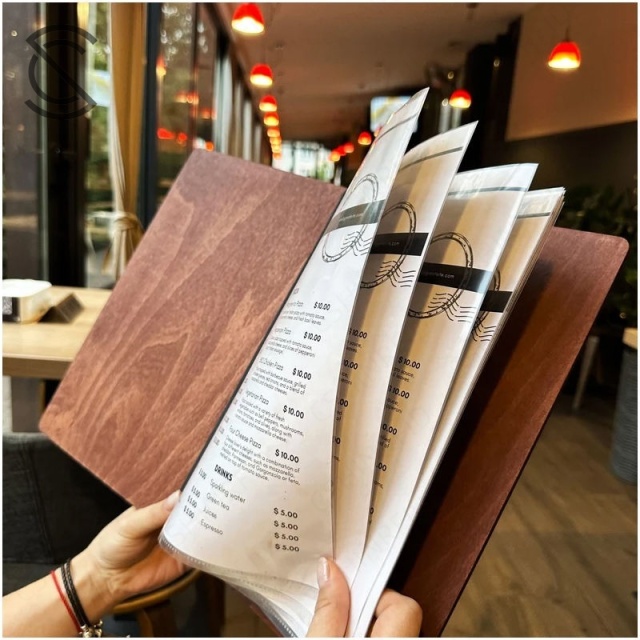 CshinRFID Wholesale Premium Sustainable Wood A4/A5 Menu Order Book for 5-star Restaurant Custom Engraved, Printed Logo