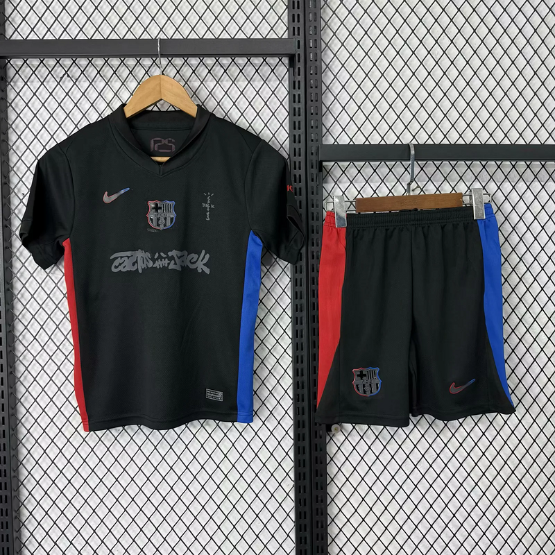 Barcelona Away X Travis Scott Soccer Kids Jersey & Shorts Kit 2024/25 in Black