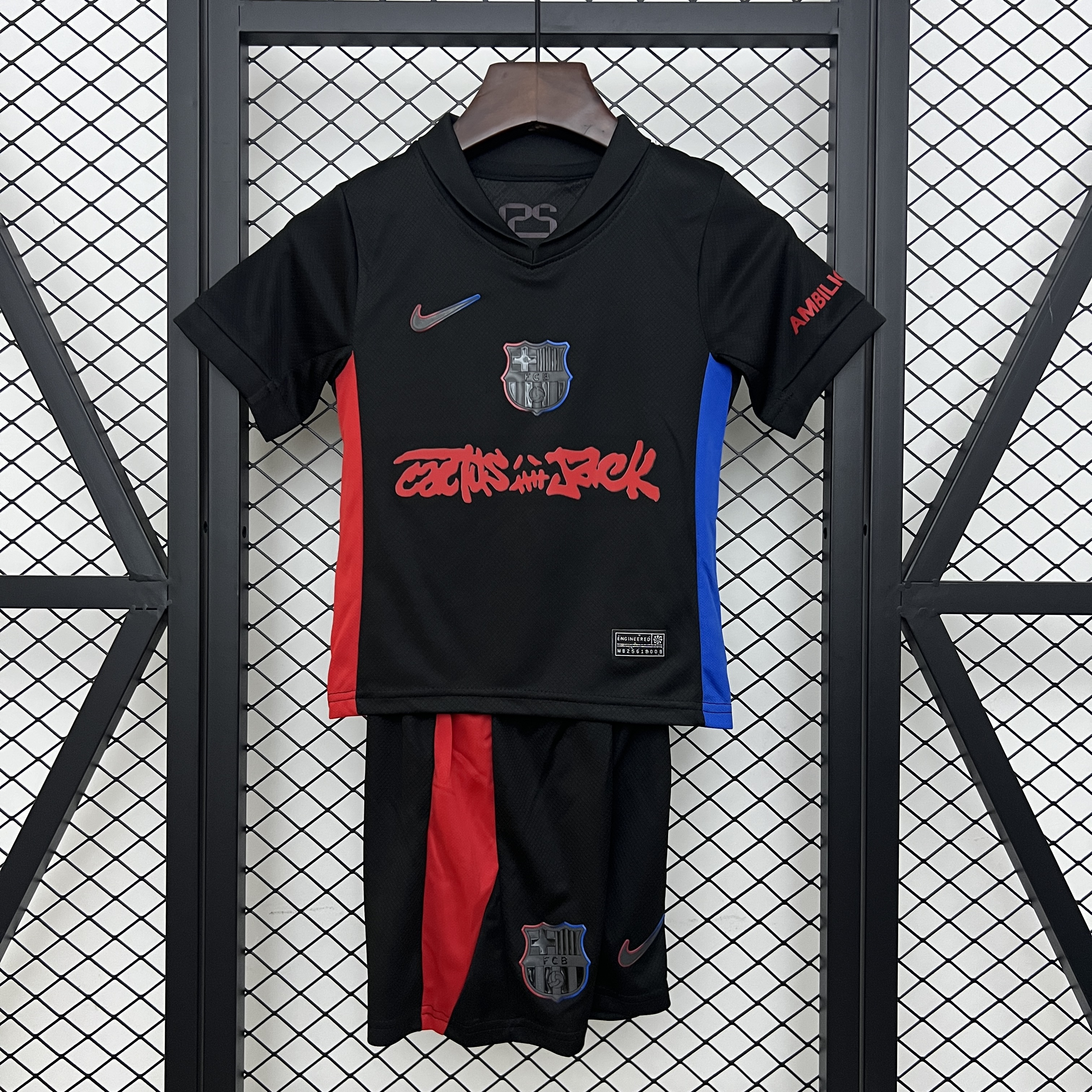 Barcelona Away X Travis Scott Soccer Kids Jersey & Shorts Kit 2024/25 in Black