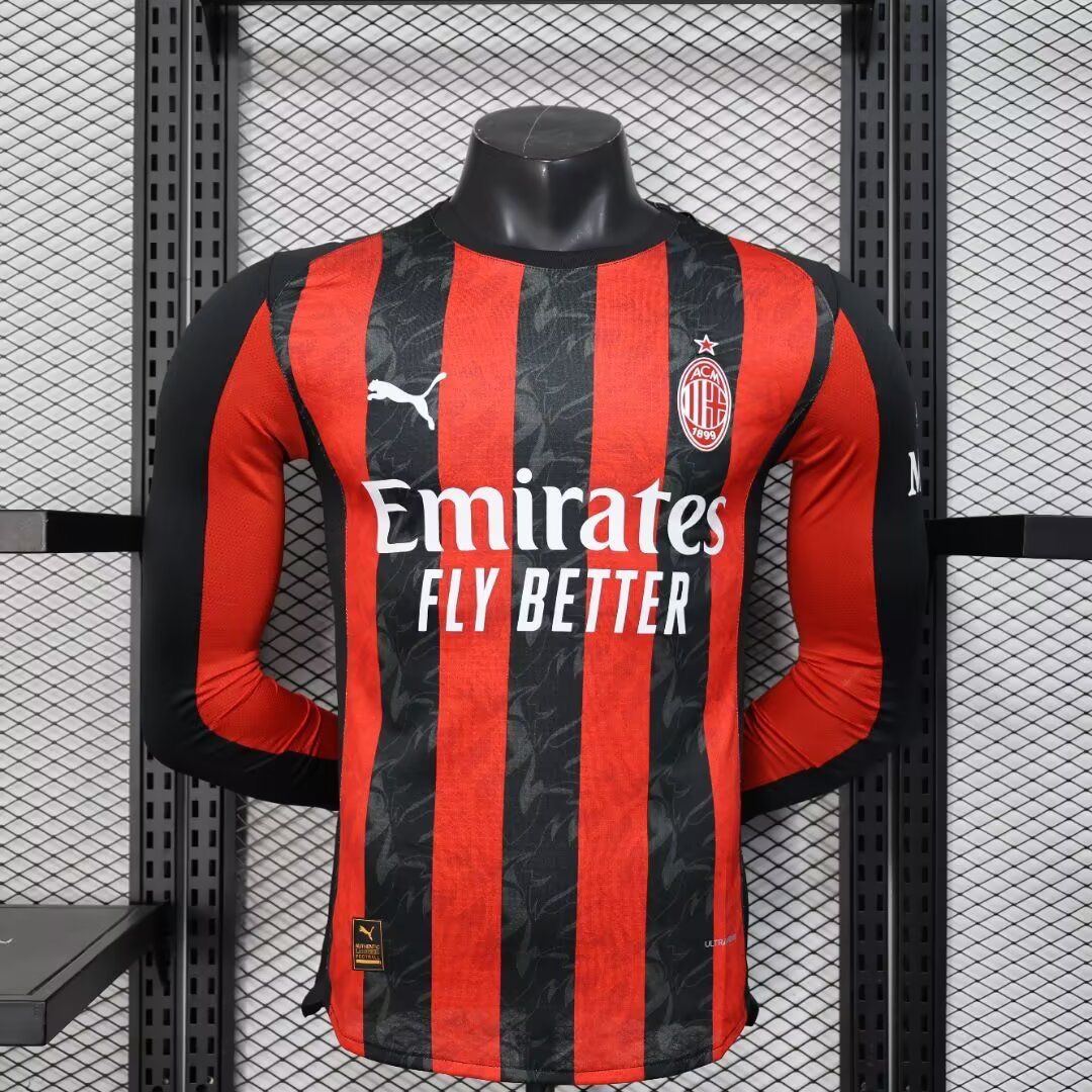 AC Milan Authentic Soccer Jersey Home Long Sleeve Shirt 2025/26 in Red&Black