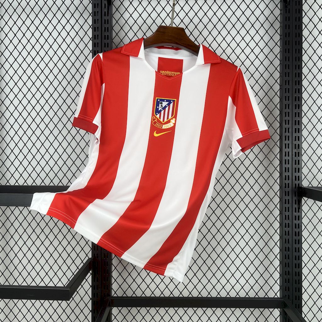 Atletico Madrid Retro Soccer Jersey 100th Anniversary Shirt 2003-04 in Red&White