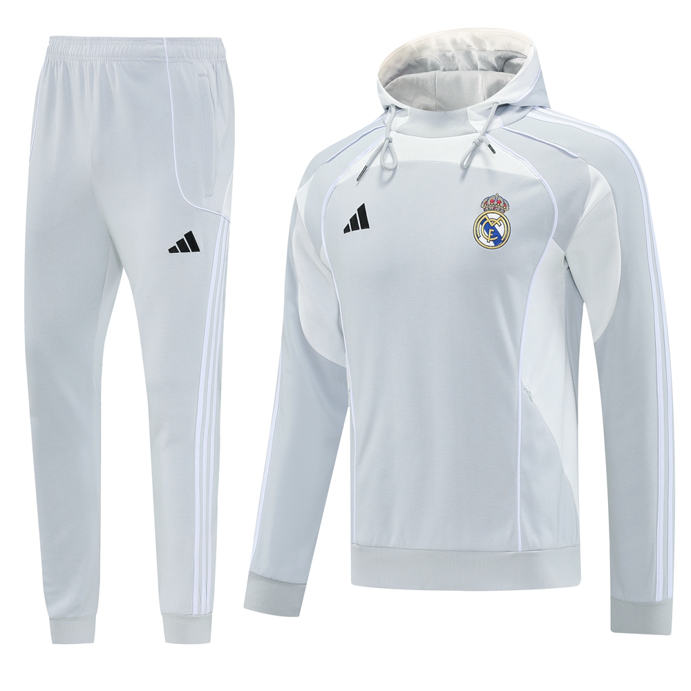 Real Madrid Hoodie Training Kit Sweatshirt & Pants Set Light Grey 2025/26