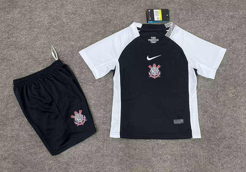 Corinthians Soccer Jersey Away Kids Jersey & Shorts Kit 2025 in Black&White
