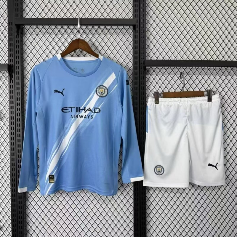 Manchester City Home Kids Long Sleeve Jersey & Shorts Kit 2025/26 in Blue
