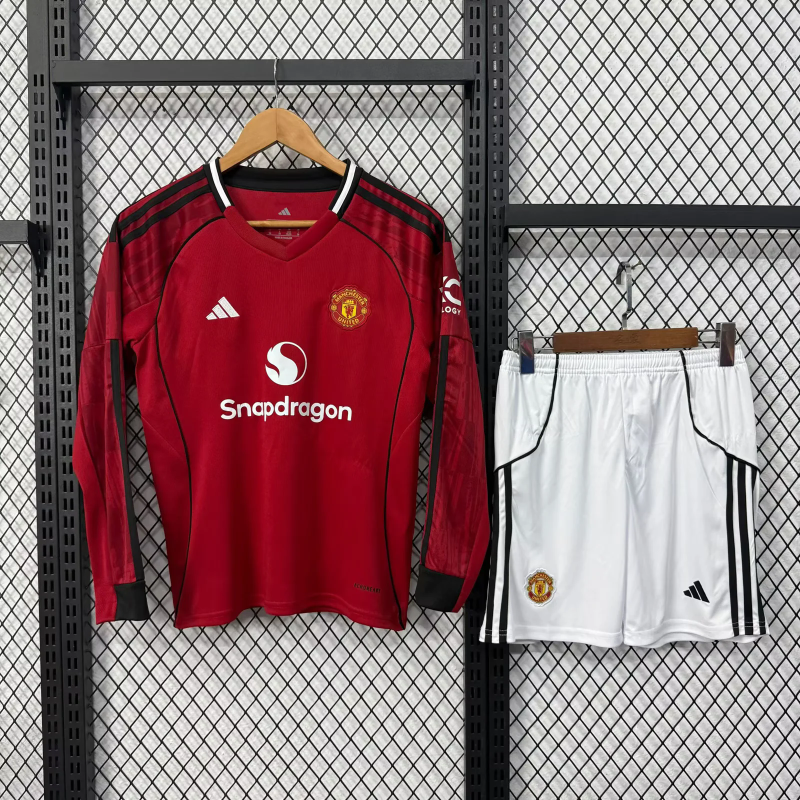 Manchester United Home Kids Long Sleeve Jersey & Shorts Kit 2025/26 in Red