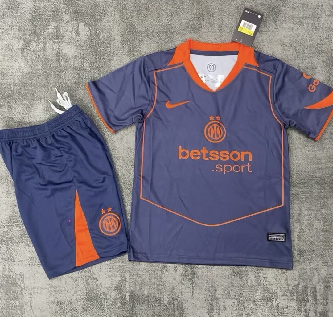 Inter Milan Soccer Jersey Third Away Kids Kit Jerseys+Shorts 2025/26 in Gray&Orange