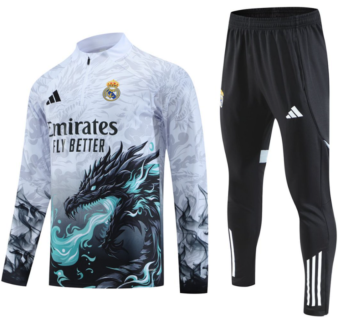 Kids Real Madrid Training Kit Sweatshirt & Pants Set Dragon 2025/26 in White