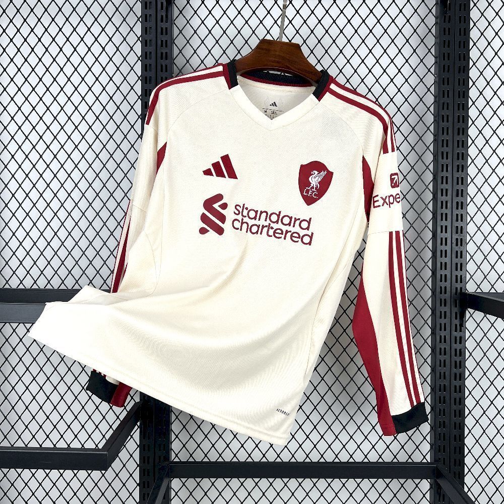 Liverpool Football Jersey Away Long Sleeve Custom Shirt 2025/26 in Off-White&Red