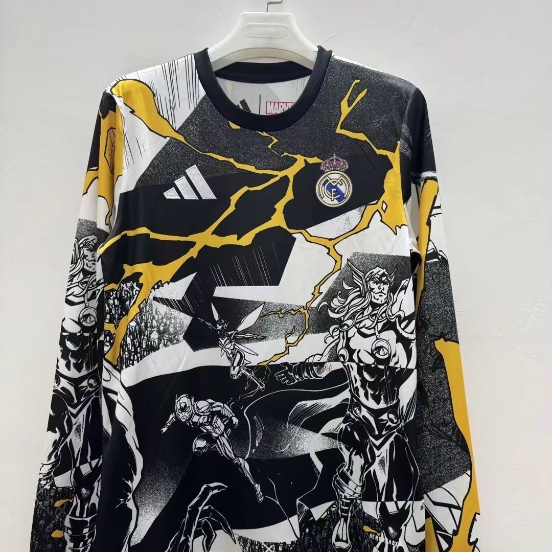 Real Madrid Soccer Jersey Pre-Match Marvel Custom Long Sleeve Shirt 2025/26 in Model Year: 2025/26 Country and League: