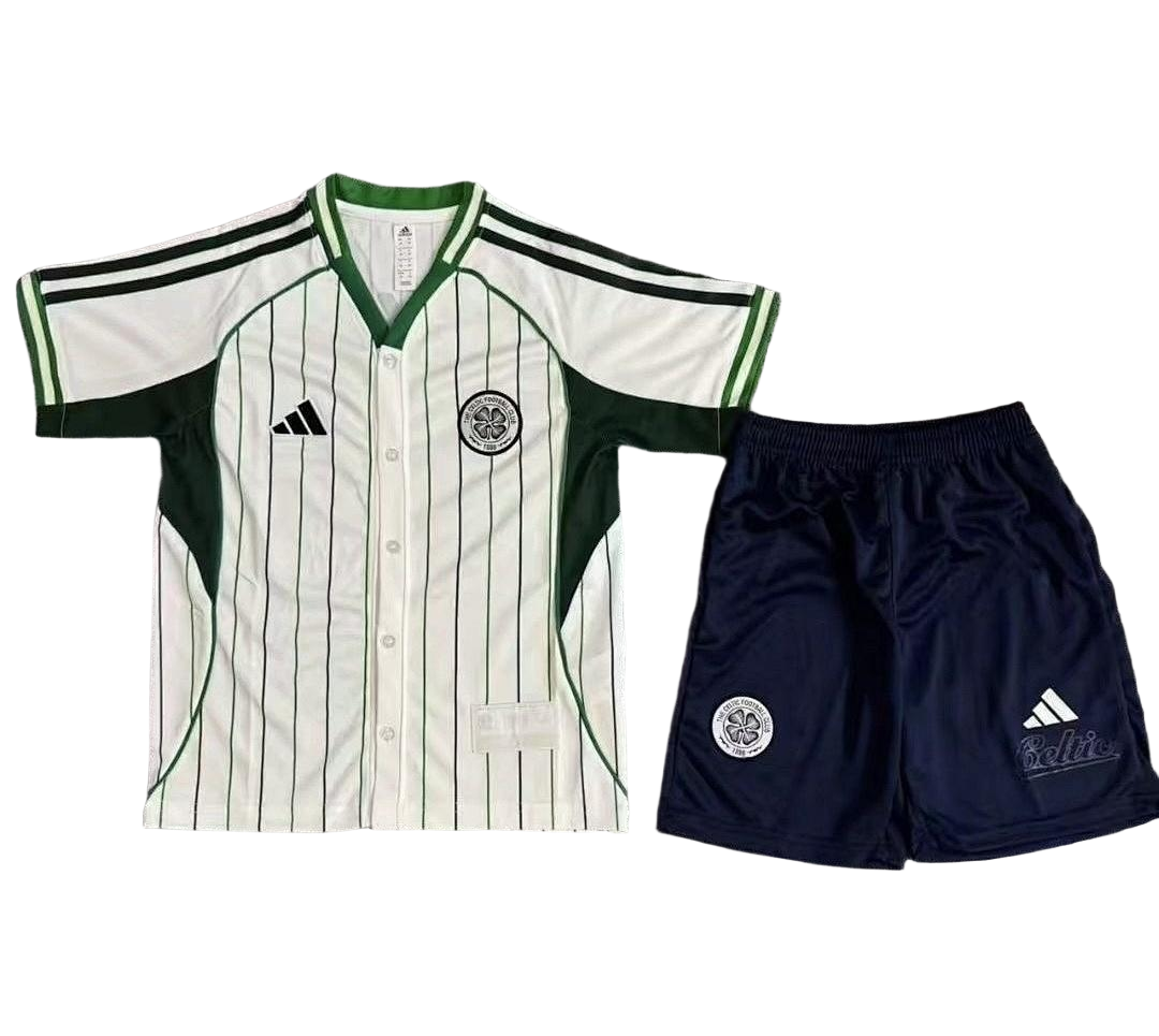 Celtic X US Pack Baseball Kids Jersey & Shorts Kit 2025/26 in White&Green