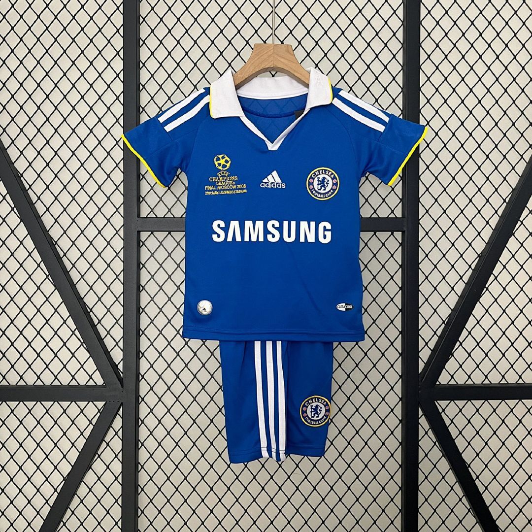 Chelsea Retro Football Jersey Home Champions League Kids Jersey & Shorts Kit 08-09 in Blue