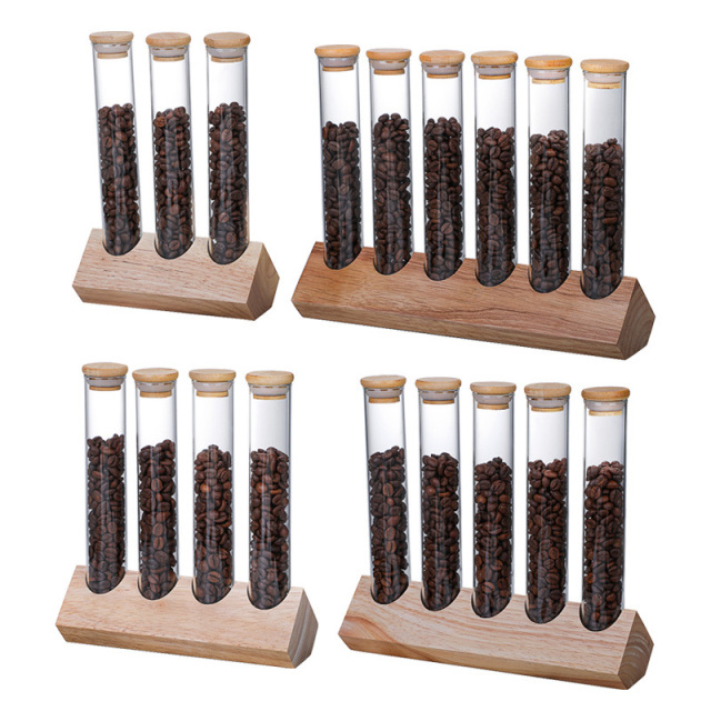 12 Single Dose Coffee Bean Storage Tubes with Wooden Stand and Lids, Dosing Glass Vials for Coffee Bean Storage, Coffee Bean Container Cellars, Espresso Bean Canisters Set