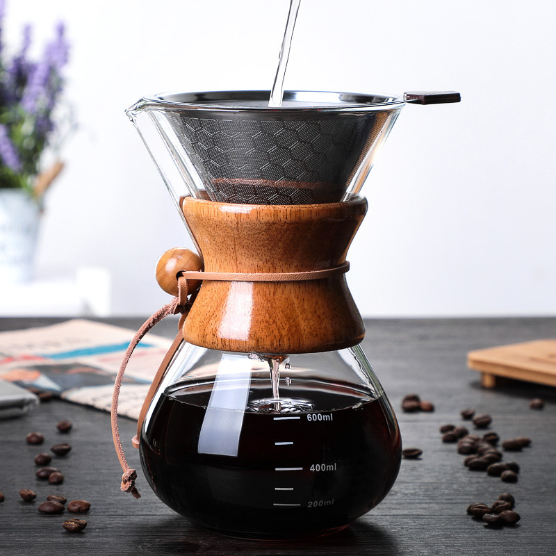 6 Cup Pour Over Coffee Maker,Borosilicate Glass Carafe with Wooden Collar,Drip Coffee Brewer for Home & Office,Dishwasher Safe