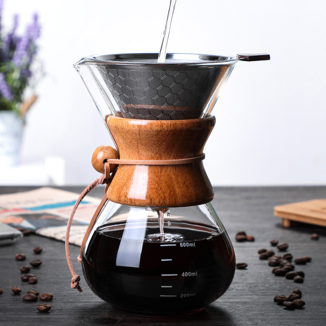 6 Cup Pour Over Coffee Maker,Borosilicate Glass Carafe with Wooden Collar,Drip Coffee Brewer for Home & Office,Dishwasher Safe