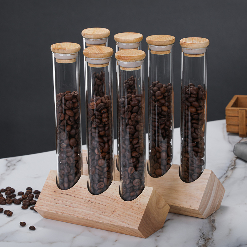 12 Single Dose Coffee Bean Storage Tubes with Wooden Stand and Lids, Dosing Glass Vials for Coffee Bean Storage, Coffee Bean Container Cellars, Espresso Bean Canisters Set