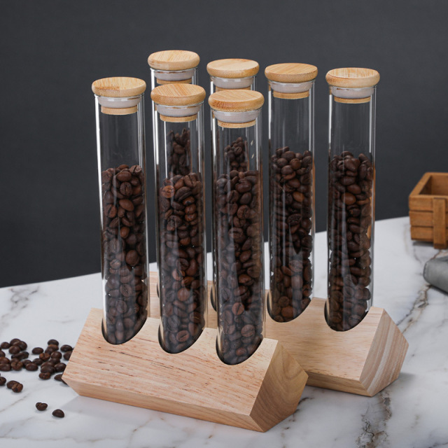 12 Single Dose Coffee Bean Storage Tubes with Wooden Stand and Lids, Dosing Glass Vials for Coffee Bean Storage, Coffee Bean Container Cellars, Espresso Bean Canisters Set
