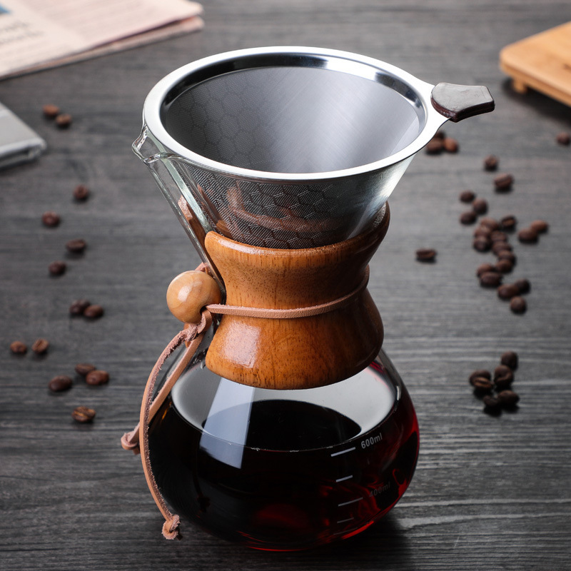 6 Cup Pour Over Coffee Maker,Borosilicate Glass Carafe with Wooden Collar,Drip Coffee Brewer for Home & Office,Dishwasher Safe