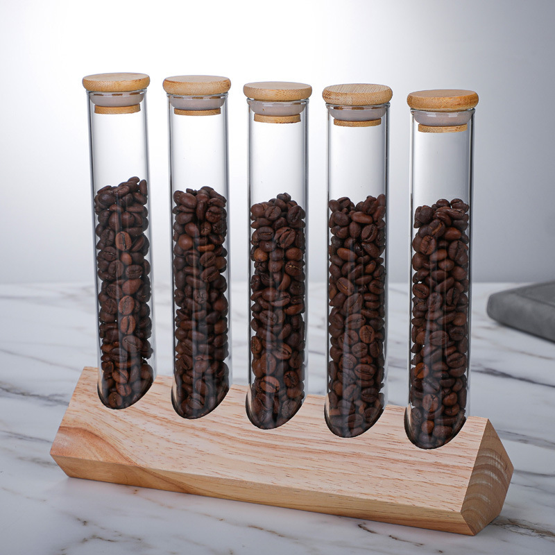 12 Single Dose Coffee Bean Storage Tubes with Wooden Stand and Lids, Dosing Glass Vials for Coffee Bean Storage, Coffee Bean Container Cellars, Espresso Bean Canisters Set