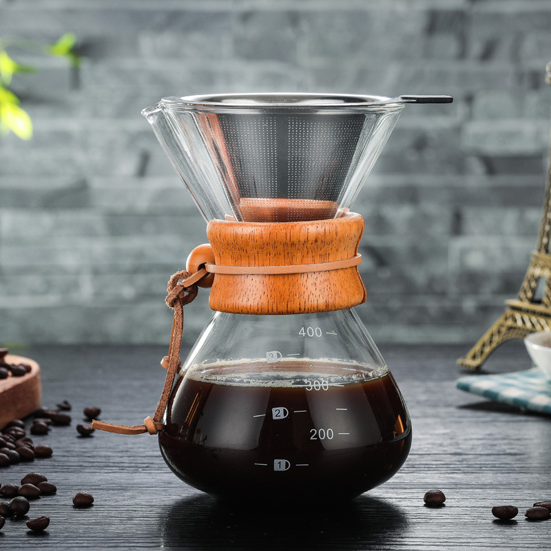 Glass Pour Over Coffee Maker Carafe with Reusable Stainless-Steel Filter and Elegant Bamboo Finish, Great for Brewing Coffee
