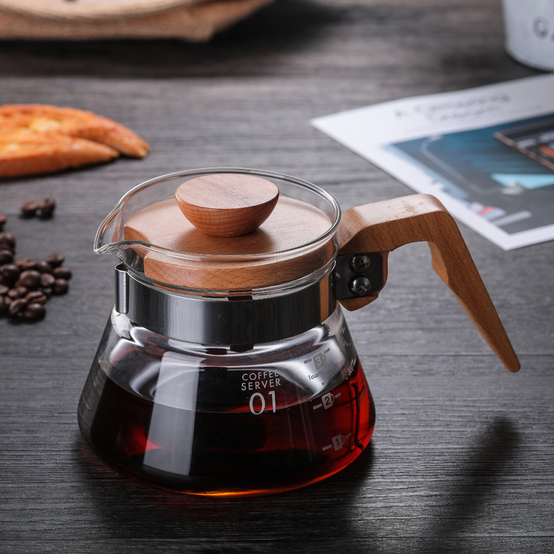Wooden Handle Borosilicate Glass Coffee Server 400ml & 600ml