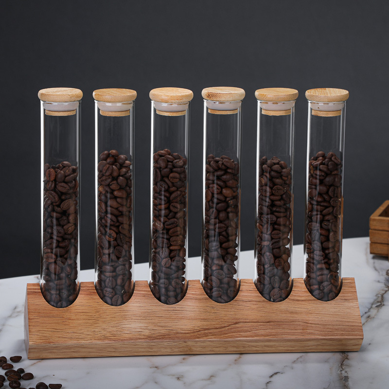 12 Single Dose Coffee Bean Storage Tubes with Wooden Stand and Lids, Dosing Glass Vials for Coffee Bean Storage, Coffee Bean Container Cellars, Espresso Bean Canisters Set